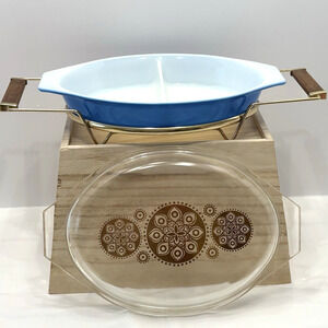 Vintage Pyrex Dark Peacock Blue 1-1/2 Quart Divided Casserole Dish W/ Lid & Tray